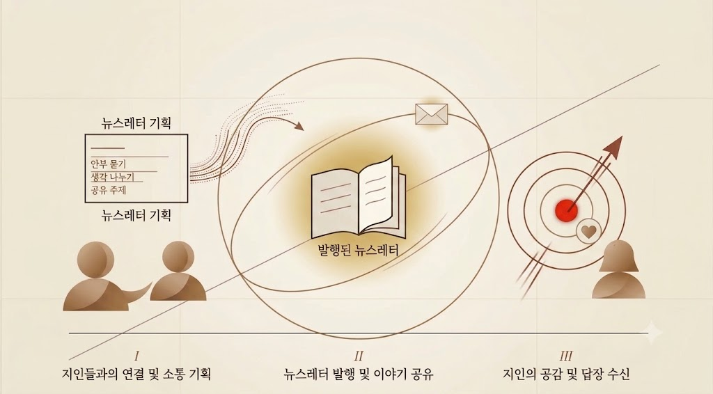 세 국면 다이어그램 — I 지인들과의 연결 및 소통 기획, II 뉴스레터 발행 및 이야기 공유, III 지인의 공감 및 답장 수신